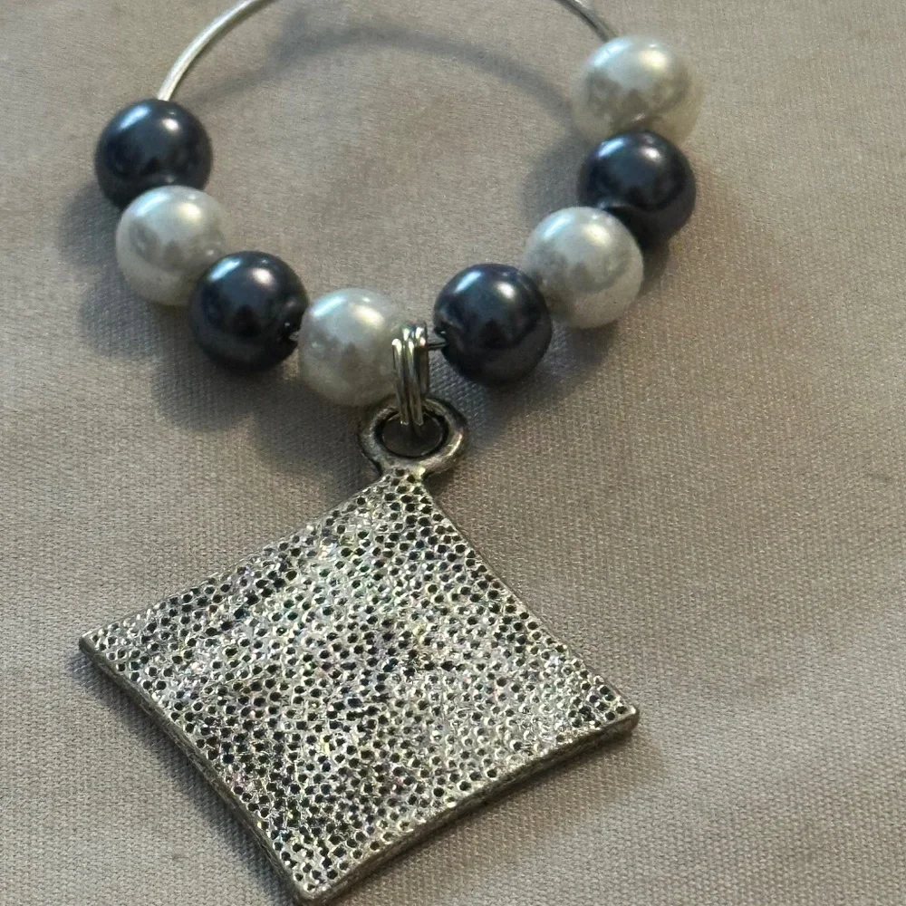 Wine glass tag stainless steel hoop Gray/white beads Swirl in square charm